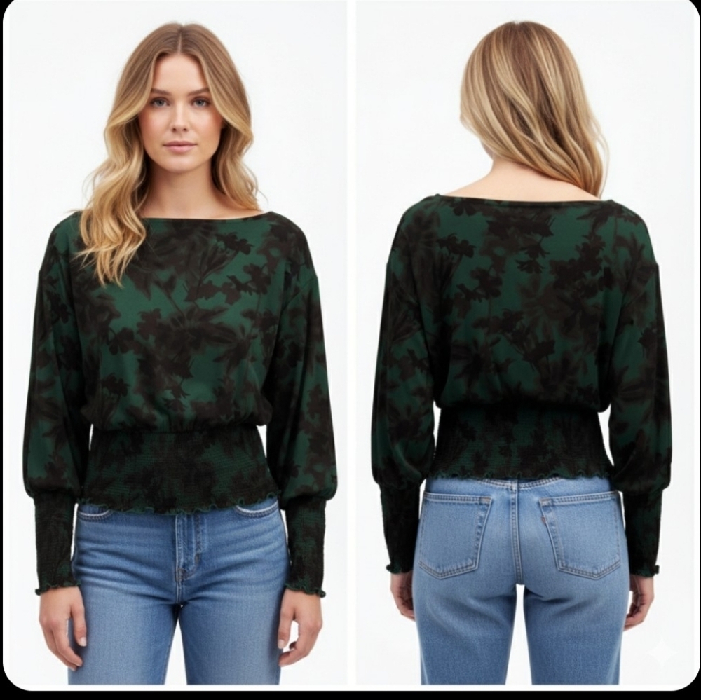 NWT Madewell Floral Long Sleeve Top smocked waist and cuffs Woman's Sz S